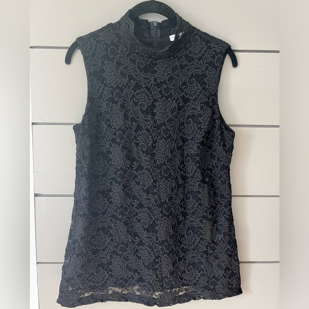 Susan Graver Black Mesh Floral Lace Lined Mock Tank top size Small EUC Boho